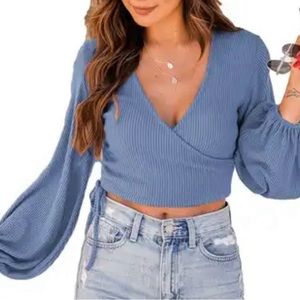 Urban outfitters long sleeve crop top v neck tie shirt going out size Small P